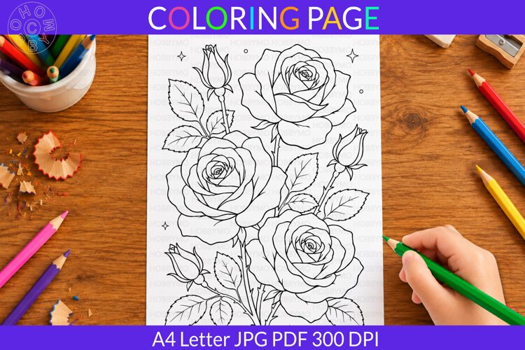 Rose coloring page A4 Letter JPG PDF example image 1