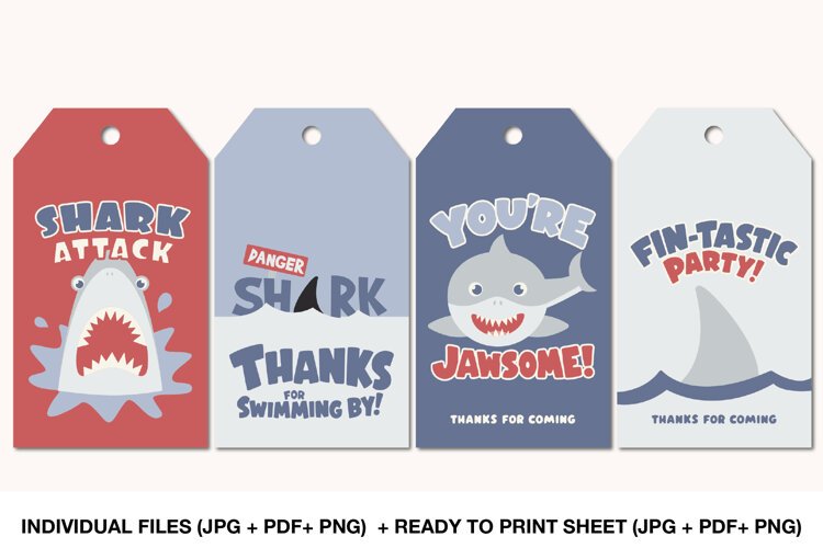 Printable shark party favor tags with four playful ocean-themed thank you designs