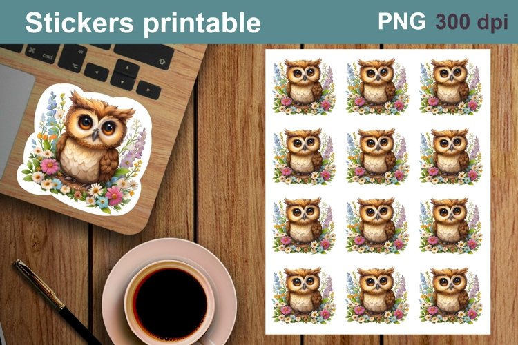 Sticker spring owl with flowers| Printable Sticker Sheet example image 1