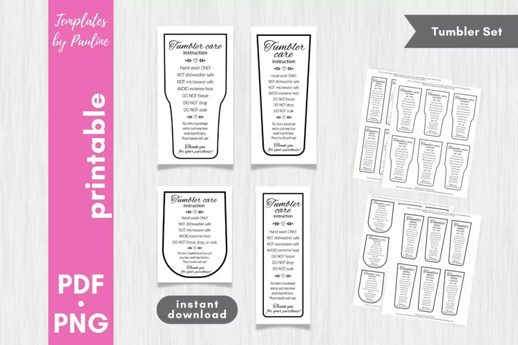 4 printable tumbler care cards. Hand wash only tags.