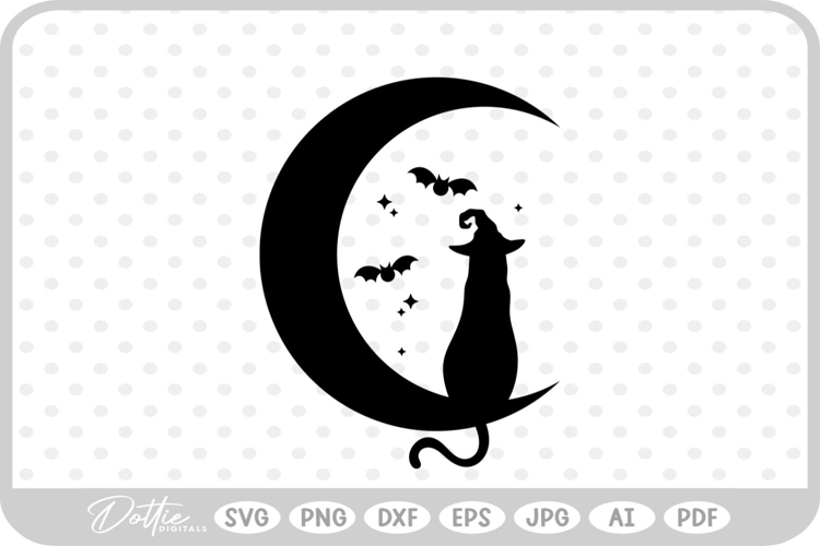 Happy Halloween Moon Cat Witch Bat Spooky SVG PNG DXF