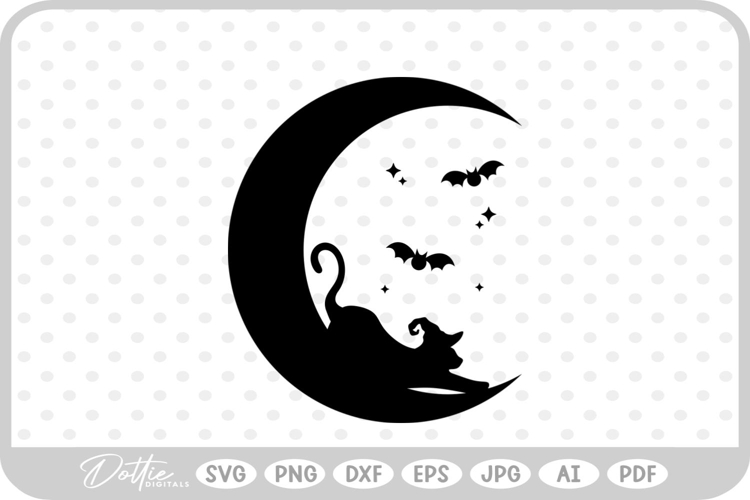 Happy Halloween Moon Cat Witch Bat Spooky SVG PNG DXF