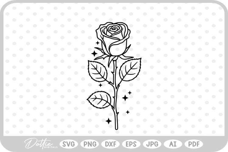 Pretty Rose Flower Stem Thorns Leaves SVG PNG DXF