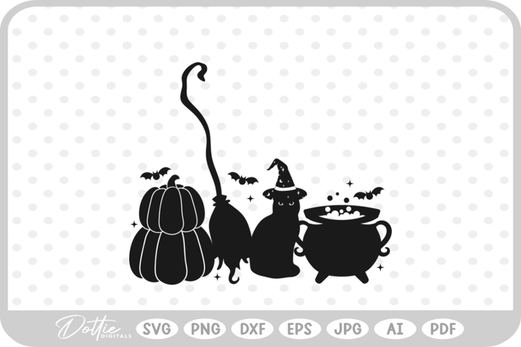 Halloween Bats Cat Broom Witch Spooky SVG PNG DXF