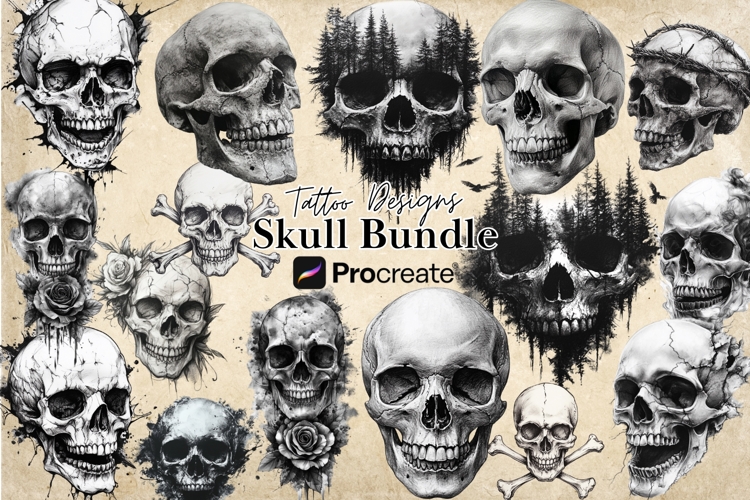 Procreate Skulls Stamp Brushes Bundle - 70 Tattoo Designs
