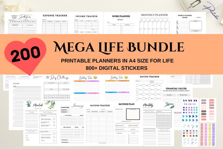 200 Printable Planners in Mega Digital Bundle |A4 (1968993 ...