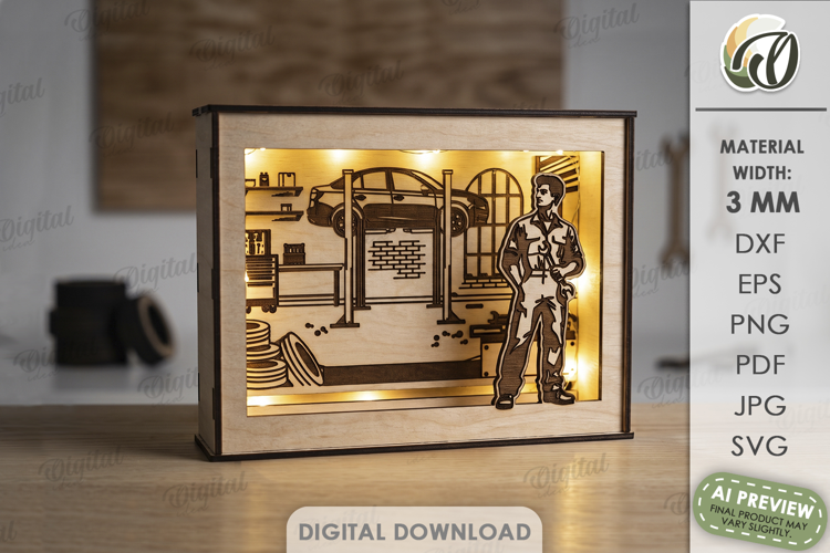 Profession Light Box Lasercut. Shadow Box. Auto Mechanic SVG