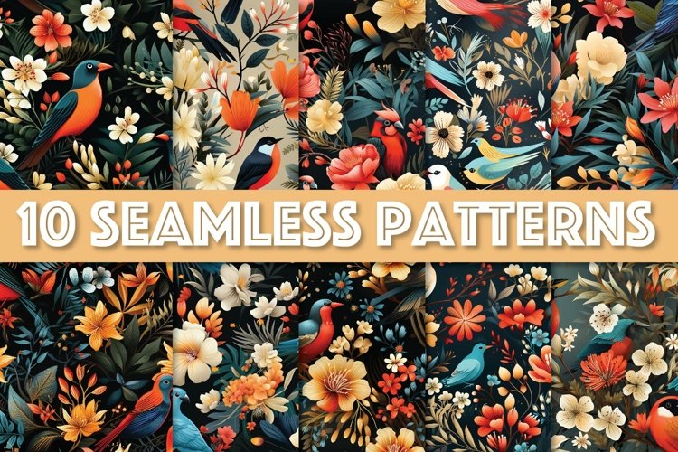 10 Seamless Patterns of Tropical Birds