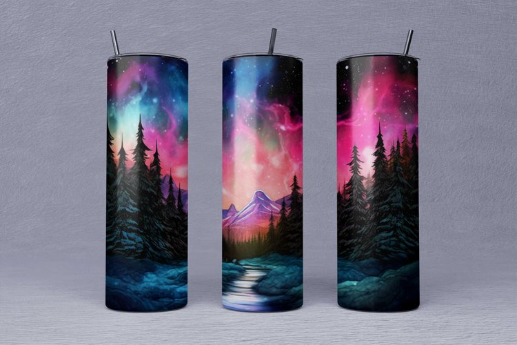 Northern Lights Over Mountain, Watercolor Sublimation Design