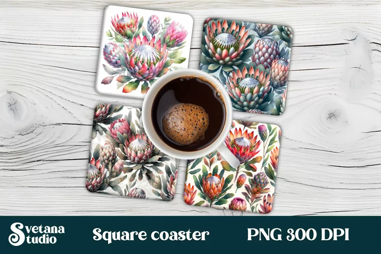 Protea square coaster sublimation | Flower coaster PNG