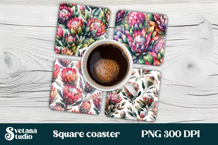 Protea square coaster sublimation | Flower coaster PNG