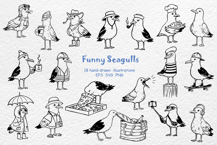 Funny Seagulls Hand-Drawn Beach