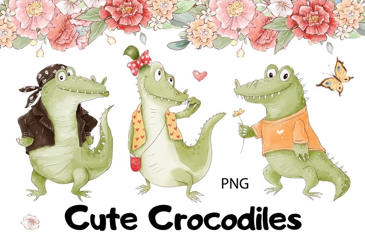 Watercolor Clipart Cute Crocodiles example image 1