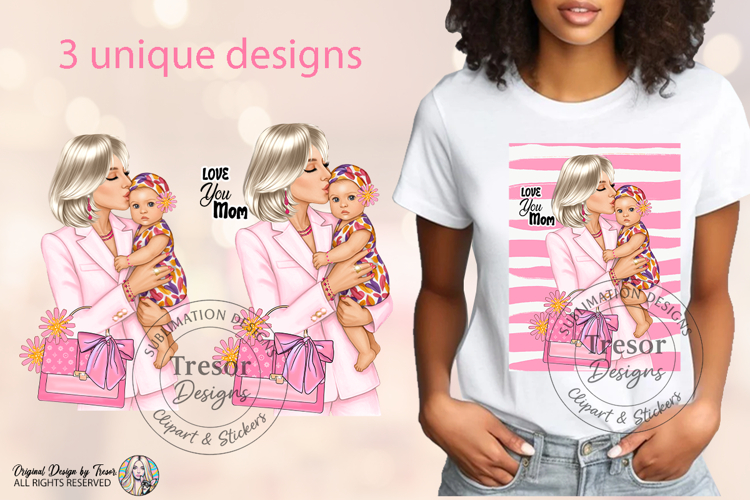 Love You Mom Fashion Blonde Mother & Cute Baby Clipart PNG