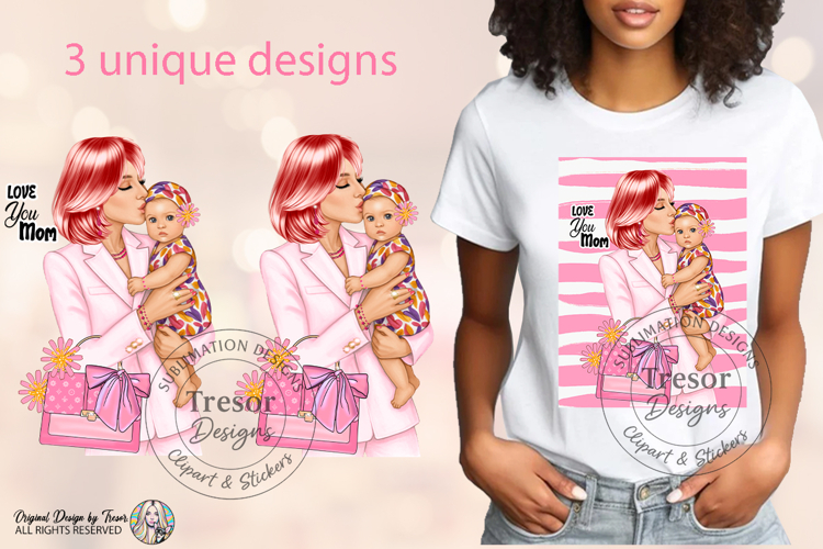 Love You Mom Red Hair Fashion Mother Baby Sublimation PNG