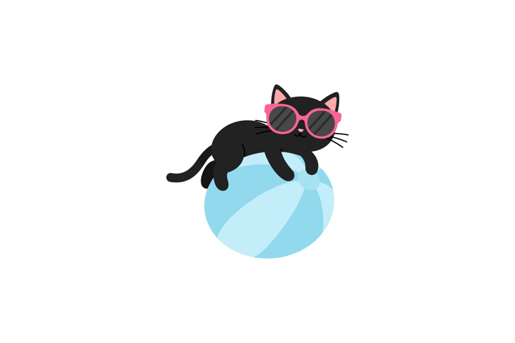 Black cat wearing pink sunglasses playfully lounging on a li