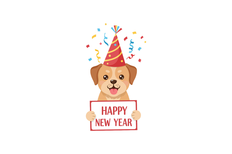 Cheerful dog in a party hat celebrating New Year with festiv