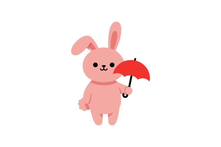 Cute pink bunny holding a red umbrella in flat vector art st