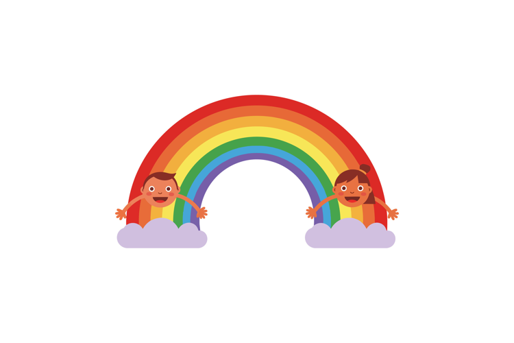 Two cheerful children joyfully peeking out from colorful rai