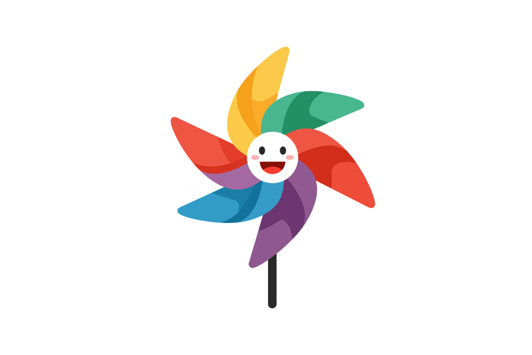 Colorful pinwheel with smiling face, flat design, cheerful a