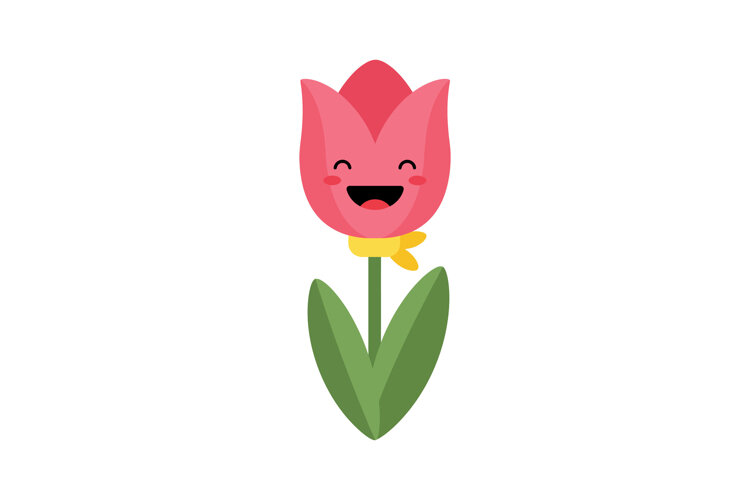 Happy pink tulip with a smiling face and green leaves in a f example image 1
