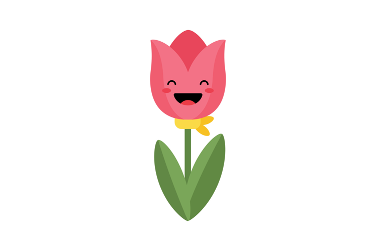Happy pink tulip with a smiling face and green leaves in a f