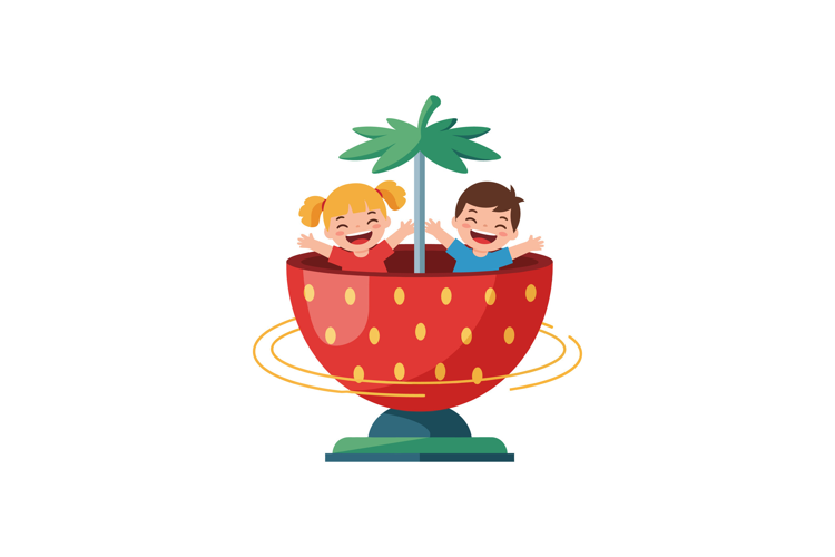 Two children joyfully spinning in a strawberry-shaped ride,