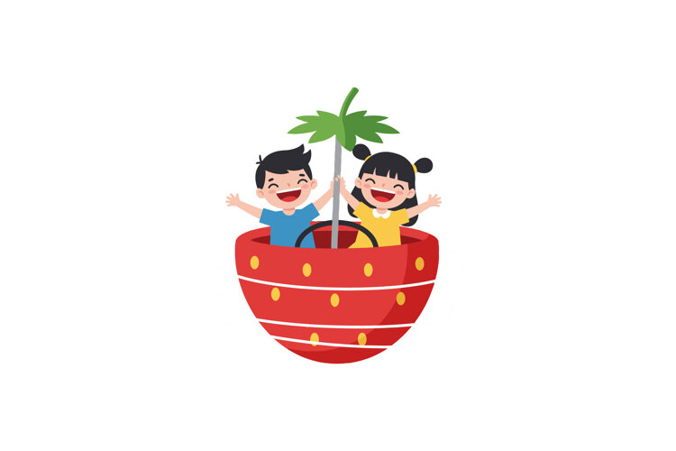 Two joyful children playing together inside a large red stra example image 1