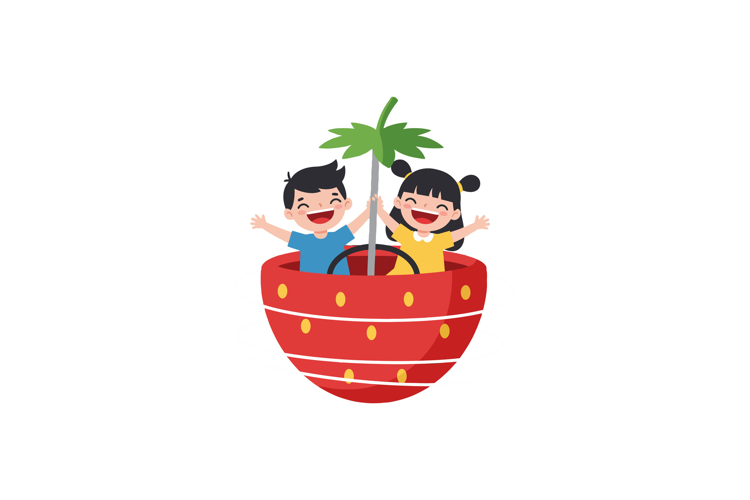 Two joyful children playing together inside a large red stra