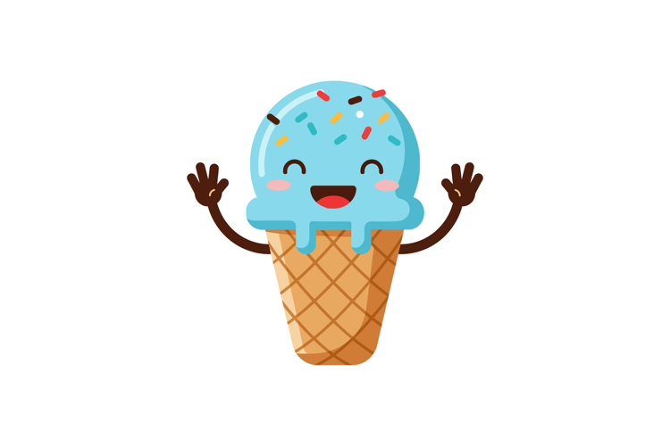 Happy cartoon ice cream cone with blue scoop and colorful sp