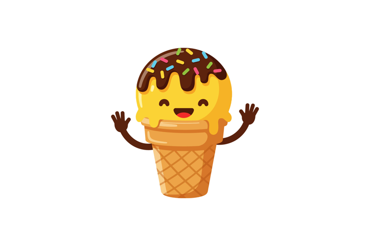 Happy cartoon ice cream cone character with chocolate toppin