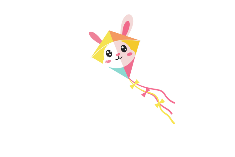 Cute bunny-shaped kite flying high in a clear sky, minimal s