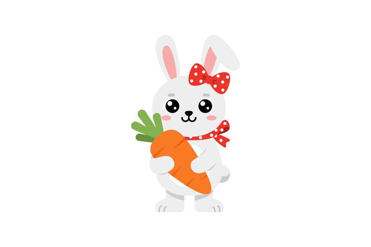 Cute white bunny holding a vibrant orange carrot in a flat v