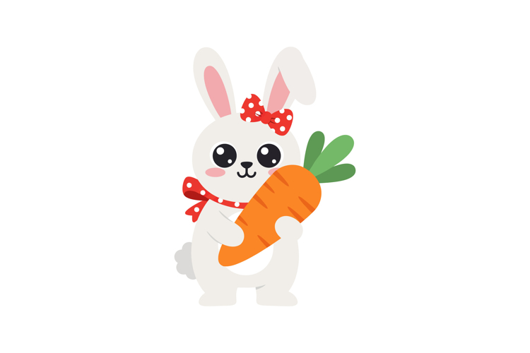 Cute white bunny holding a large carrot in a playful flat de