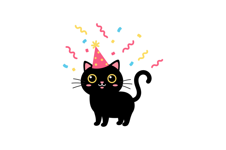 Playful black cat wearing a party hat with colorful confetti