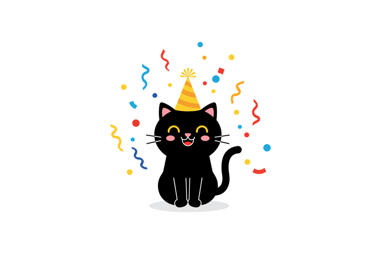 Black cat in a party hat surrounded by colorful confetti in