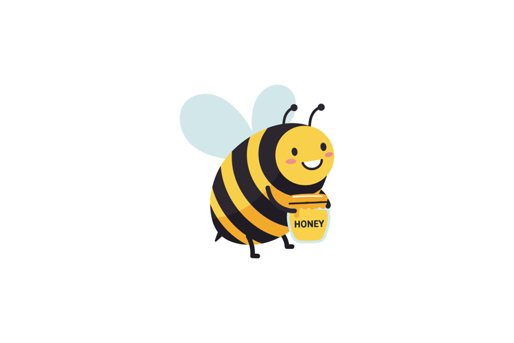 Happy cartoon bee holding a jar of honey in a playful flat v
