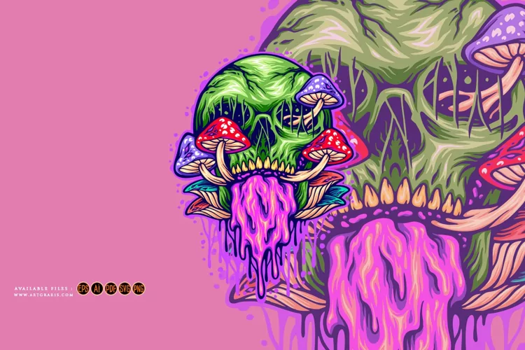 Psychedelic mushrooms skull colorful Illustrations