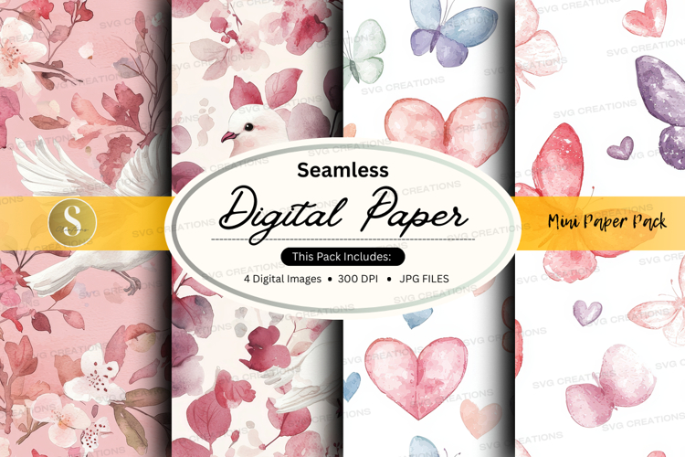 Seamless digital paper - floral hearts and butterflies digit