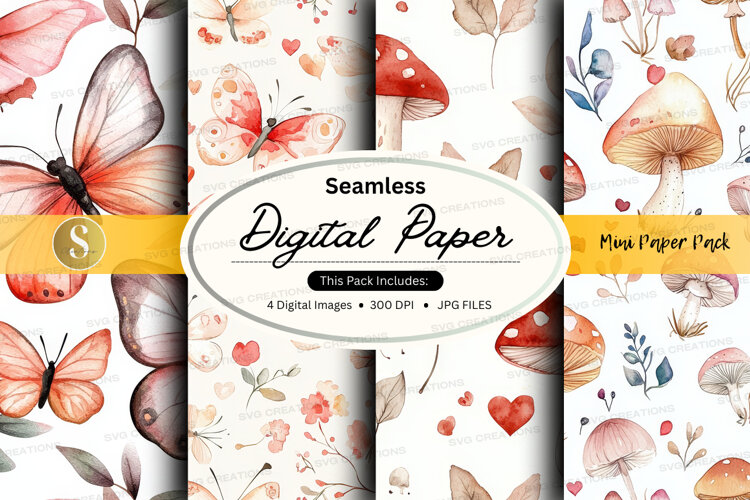 Seamless digital paper - mushroom and butterfly pattern digi example image 1