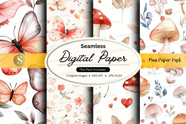 Seamless digital paper - mushroom and butterfly pattern digi