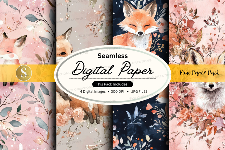 Seamless digital paper - fox and floral pattern