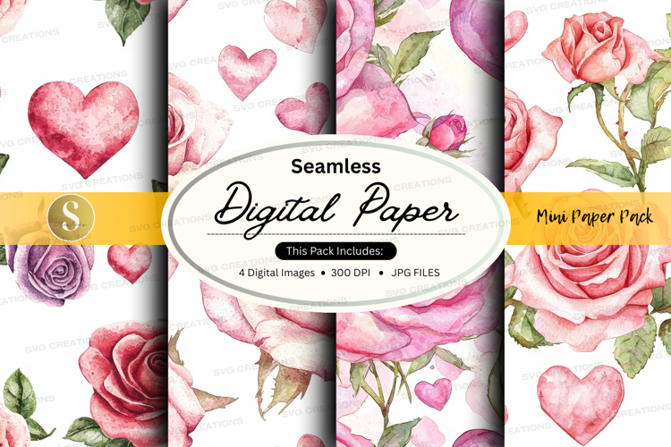 Seamless digital paper with roses and hearts