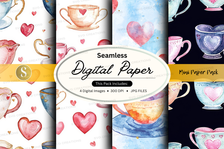 Seamless digital paper - tea cups and hearts digital paper