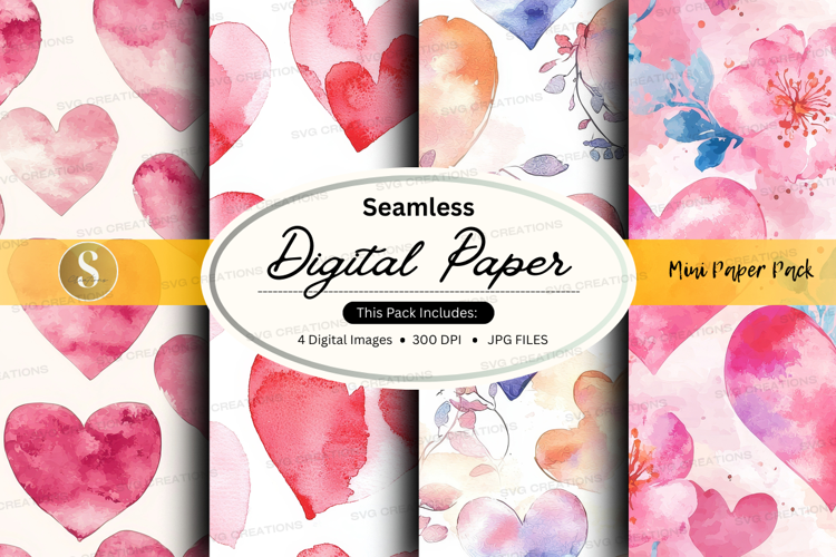 digital paper, watercolor hearts, seamless pattern, heart de