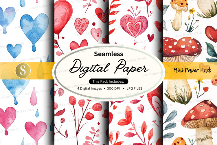 Seamless digital paper - mushroom and heart pattern
