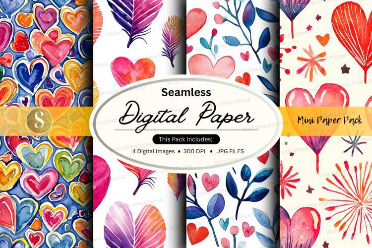 Colorful hearts and leaves digital paper