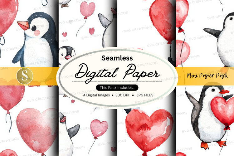 Seamless digital paper - penguin and heart theme example image 1