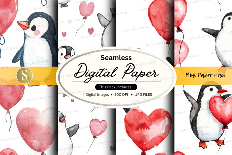Seamless digital paper - penguin and heart theme