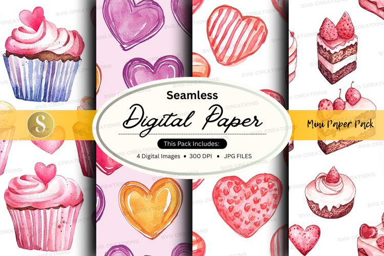 Seamless digital paper - cupcake and heart pattern digital p